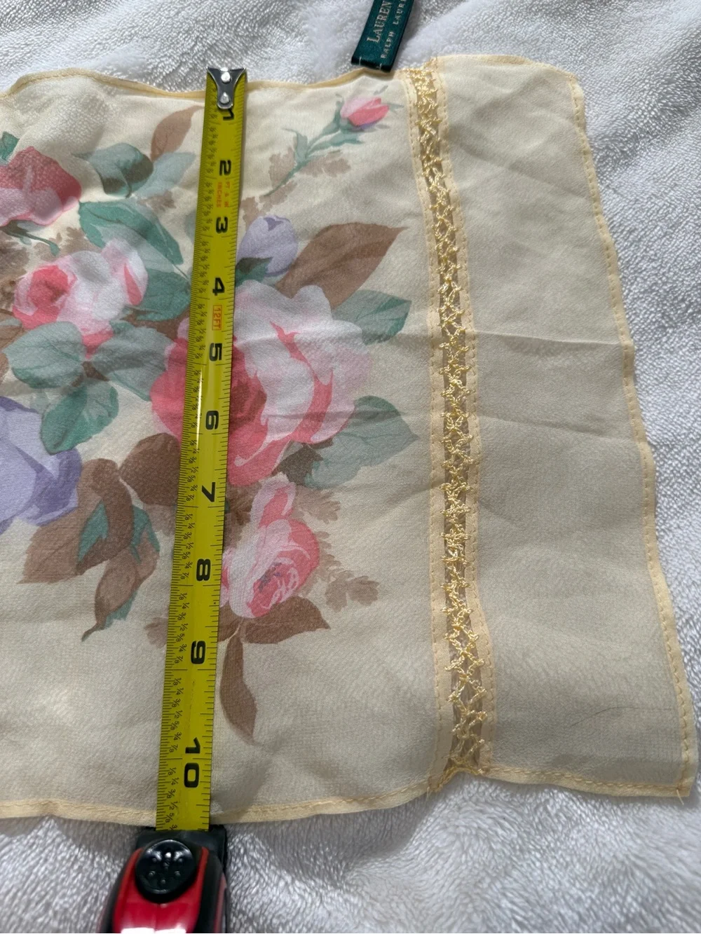 Lauren Ralph Lauren 100% Silk Floral Scarf Yellow Pink Watercolor Lace Trim
